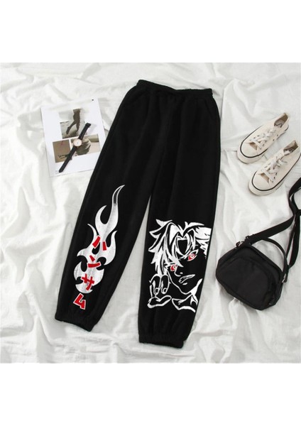 Streetwear Harajuku Anime Boy Baskılı Oversize Unisex Siyah Eşofman Altı fiyatları