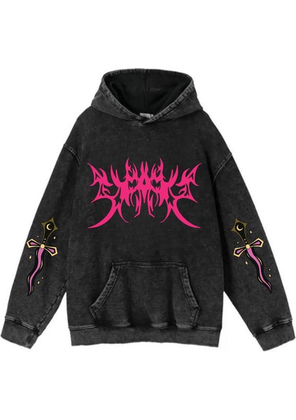 Yıkamalı Kumaş Gothic Pink Grafiti Kapüşonlu Hoodie Sweatshirt