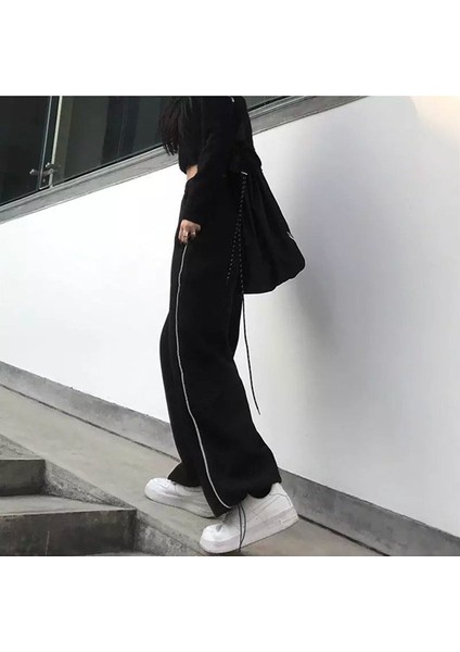 Harajuku Zip Detail Black Tracksuit Oversize Eşofman Altı