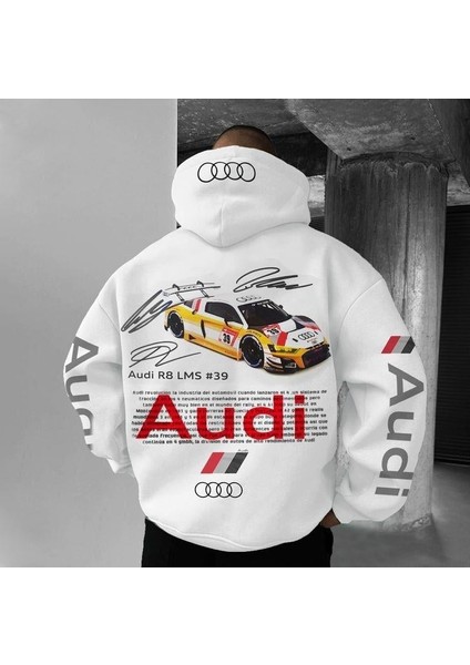Audi Baskılı Beyaz Kapşonlu Sweatshirt