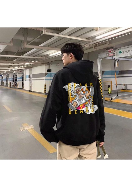 Gear 5 Sırt Baskılı Siyah Unisex Oversize Kapüşonlu Sweatshirt