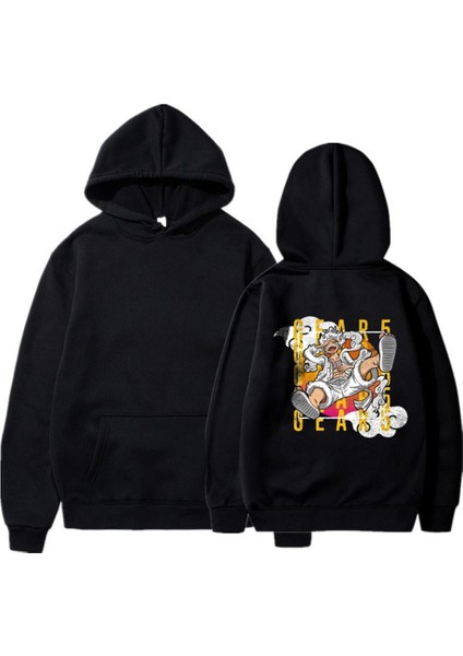 Gear 5 Sırt Baskılı Siyah Unisex Oversize Kapüşonlu Sweatshirt