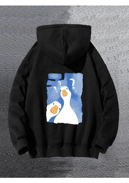 Sırt Baskılı Cute Duck Siyah Kapşonlu Sweatshirt