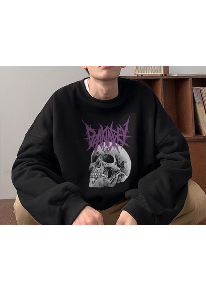 Deathless Skull Baskılı Siyah Unisex Oversize Bisiklet Yaka Sweatshirt