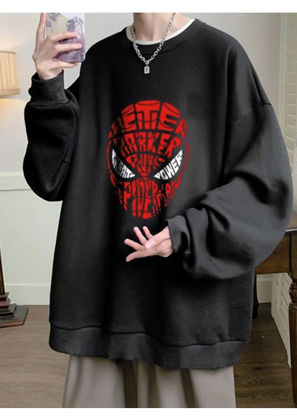 Spider-Man Head Baskılı Siyah Unisex Oversize Bisiklet Yaka Sweatshirt