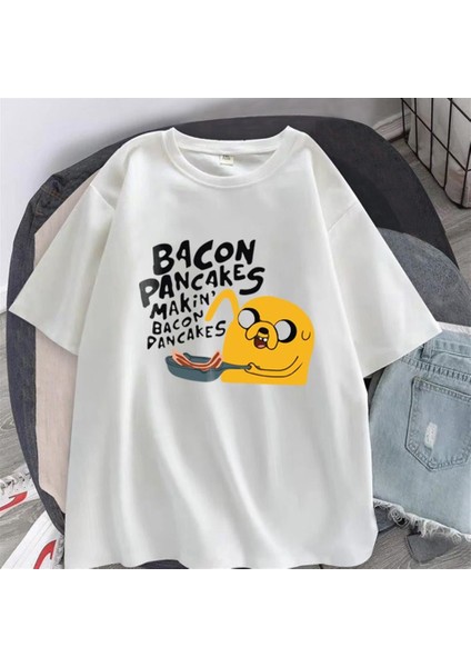 Bacon Pancakes Baskılı Beyaz Oversize T-Shirt