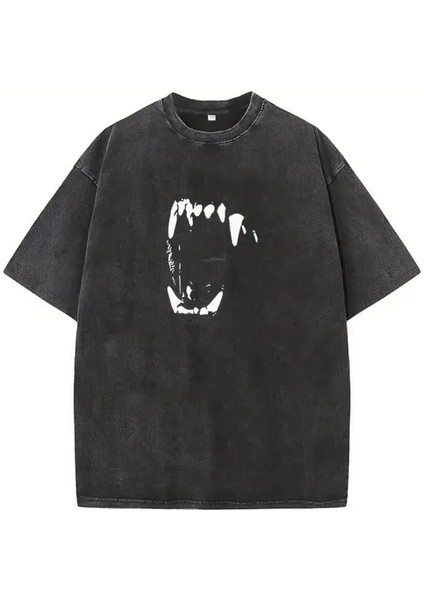 Yıkamalı Fang Baskılı Oversize Vintage T-Shirt