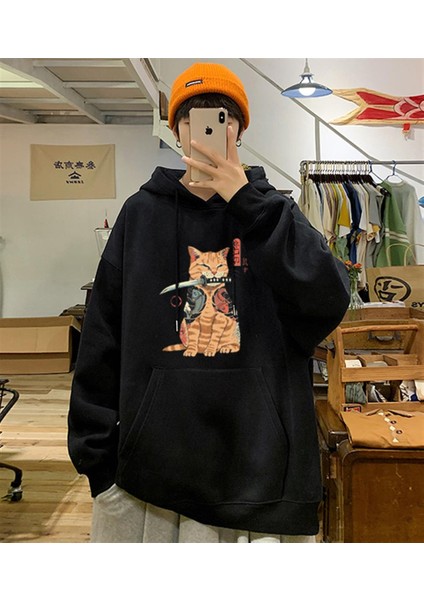 Killer Cat Baskılı Siyah Unisex Oversize Kapüşonlu Sweatshirt