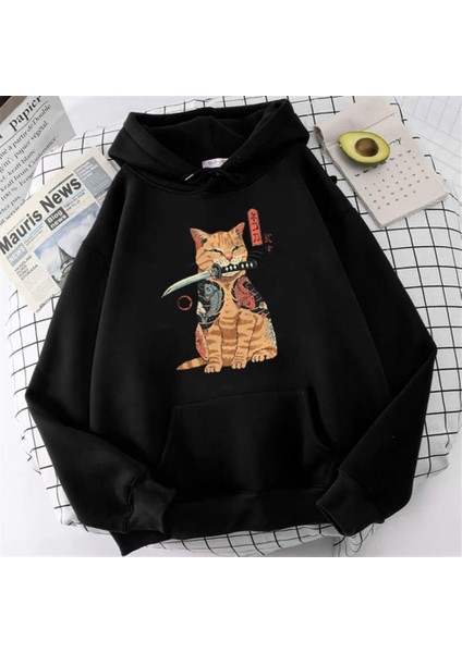 Killer Cat Baskılı Siyah Unisex Oversize Kapüşonlu Sweatshirt fiyatları