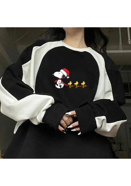 Streetwear New Year Snoopy Baskılı Siyah Unisex Oversize Bisiklet Yaka Sweatshirt