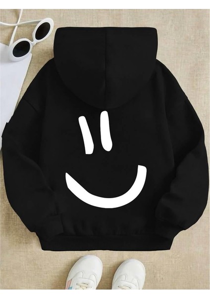 Smile Back Baskılı Siyah Kapşonlu Sweatshirt