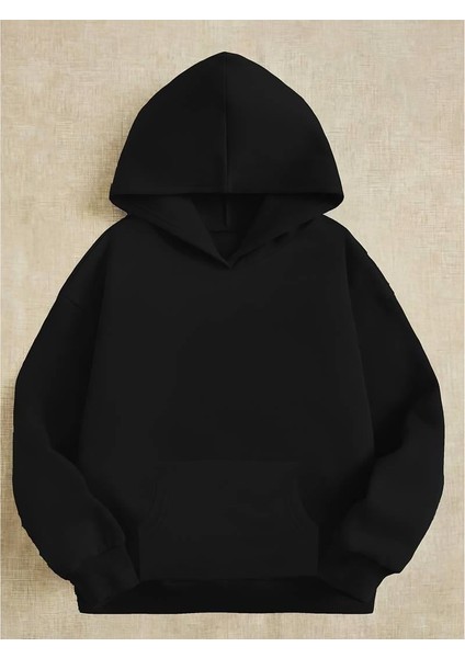 Smile Back Baskılı Siyah Kapşonlu Sweatshirt