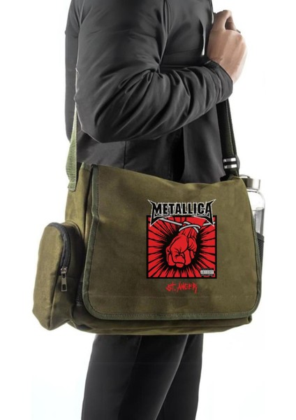 Metallica Baskılı Unisex Yeşil Postacı Çantası