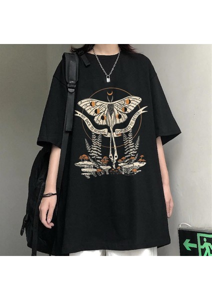 Butterfly & Mushrooms Siyah Unisex Oversize T-Shirt