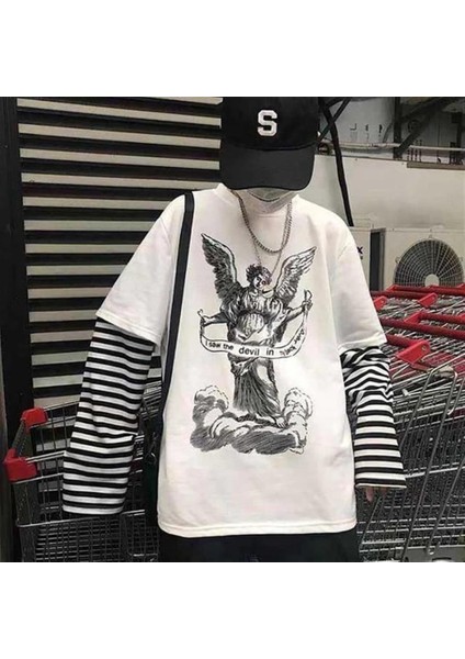 Angel With A Banderole Baskılı Fake Sleeves Unisex Beyaz T-Shirt