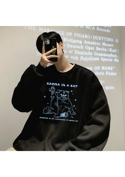 Karma Is Cat Baskılı Siyah Unisex Oversize Bisiklet Yaka Sweatshirt
