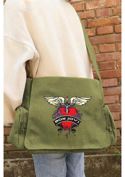 Bon Jovi Baskılı Unisex Yeşil Postacı Çantası