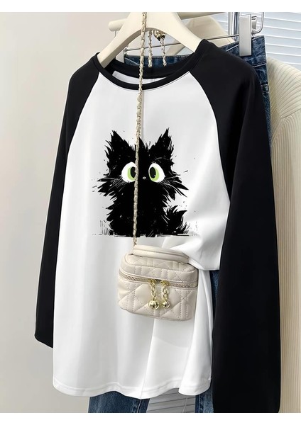 Vintage Reglan Uzun Kollu Black Cat Baskılı Beyaz T-Shirt