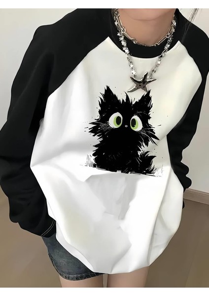 Vintage Reglan Uzun Kollu Black Cat Baskılı Beyaz T-Shirt