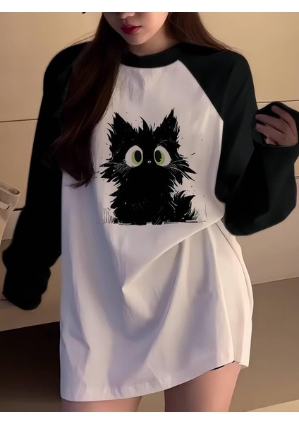 Vintage Reglan Uzun Kollu Black Cat Baskılı Beyaz T-Shirt
