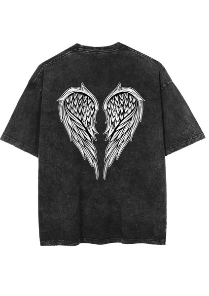 Yıkamalı Sırt Baskılı Wing Skeleton Eskitme T-Shirt
