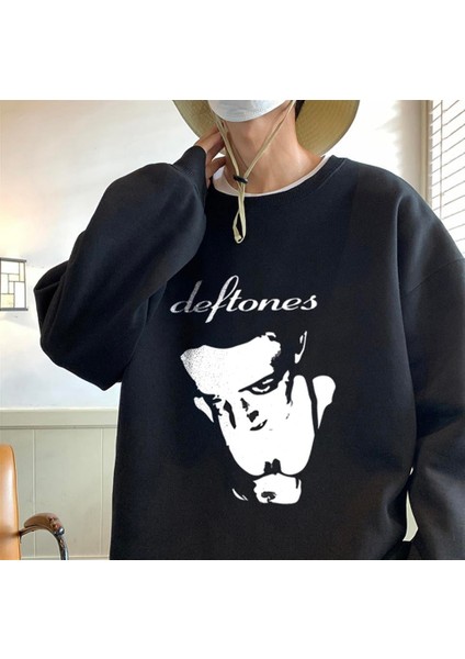 Deftones Baskılı Siyah Unisex Oversize Bisiklet Yaka Sweatshirt