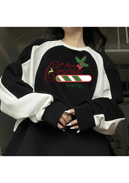 Streetwear New Year Merry Christmas Baskılı Siyah Unisex Oversize Bisiklet Yaka Sweatshirt