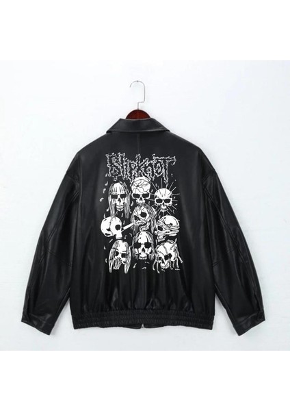 Rock Serisi Slipknot Baskılı Streetwear Siyah Oversize Unisex Astarlı Deri Ceket