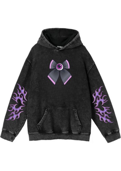 Yıkamalı Kumaş Gothic Ribbon Kapüşonlu Hoodie Sweatshirt