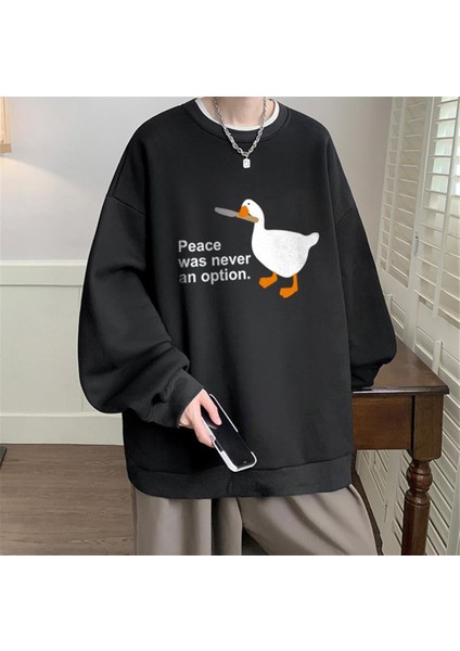 Duck Peace Baskılı Siyah Unisex Oversize Bisiklet Yaka Sweatshirt