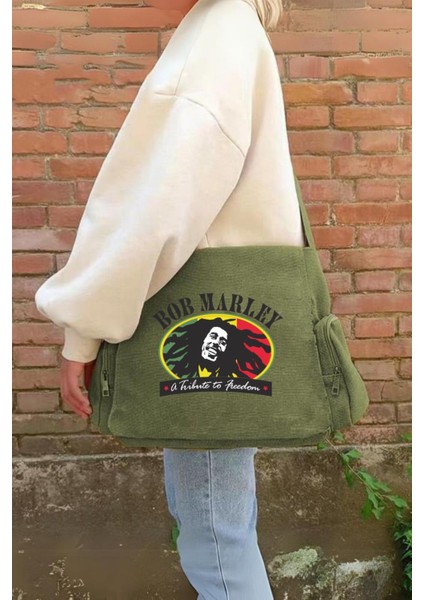 Bob Marley Baskılı Unisex Yeşil Postacı Çantası