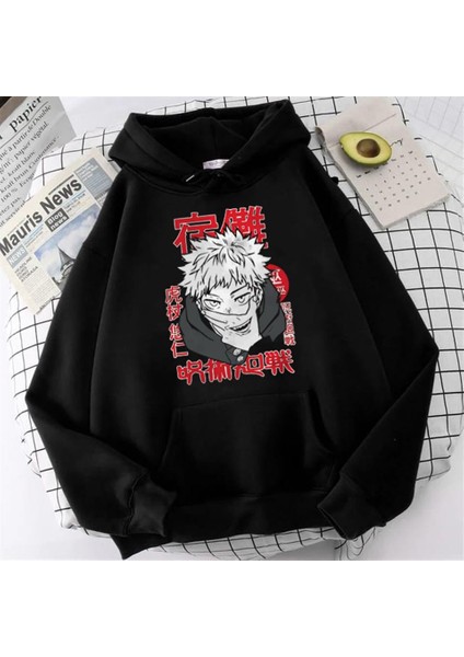 Jujutsu Kaisen Poster Baskılı Siyah Unisex Oversize Kapüşonlu Sweatshirt
