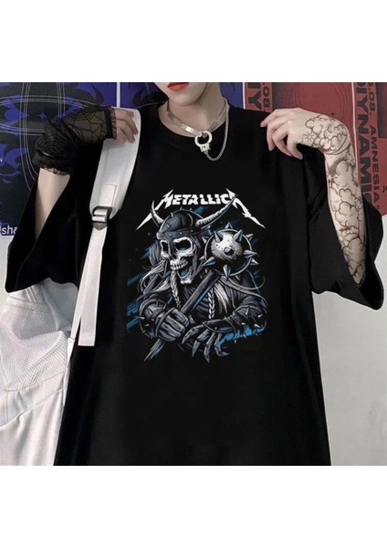 Metallica Knight Skull Baskılı Siyah Unisex Oversize T-Shirt