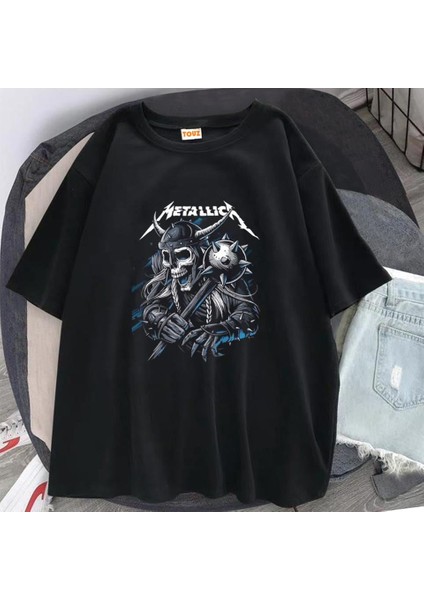 Metallica Knight Skull Baskılı Siyah Unisex Oversize T-Shirt