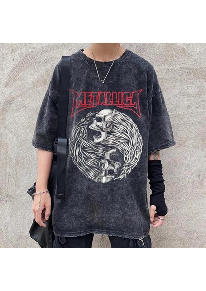 Rock Serisi Yıkamalı Metallica Eskitme T-Shirt