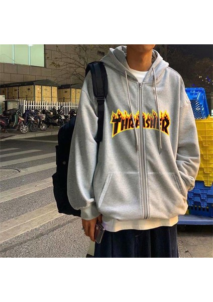 Thrasher Baskılı Oversize Fermuarlı Gri Unisex Kapüşonlu Hırka