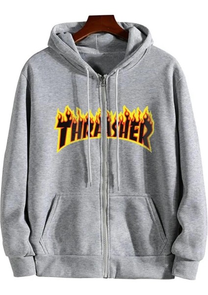 Thrasher Baskılı Oversize Fermuarlı Gri Unisex Kapüşonlu Hırka
