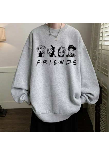 Street Wear Hip-Hop Friends Oversize Unisex Gri Bisiklet Yaka Sweatshirt
