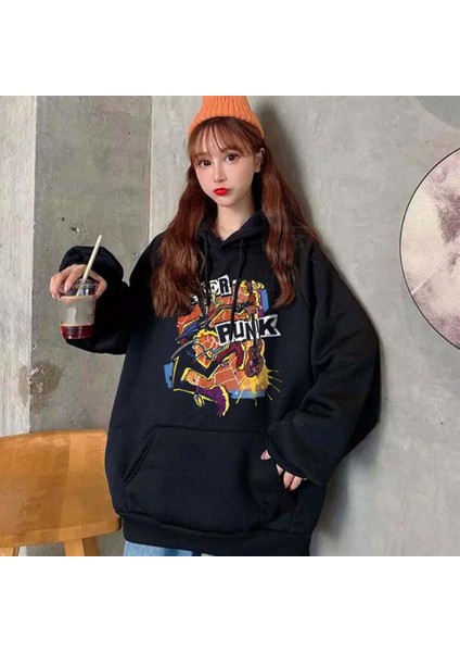Spider Punk Baskılı Siyah Unisex Oversize Kapüşonlu Sweatshirt