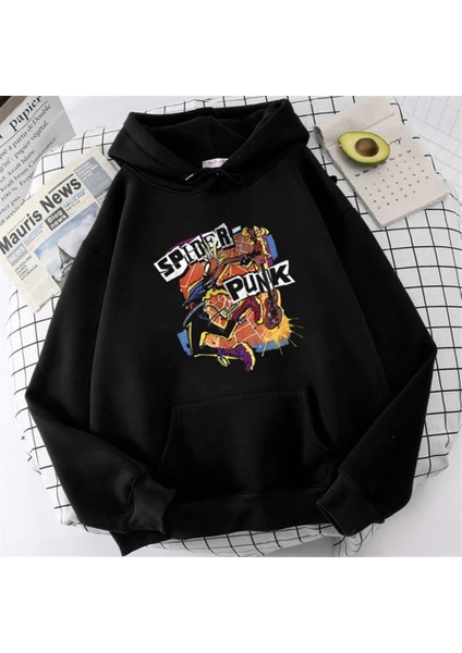 Spider Punk Baskılı Siyah Unisex Oversize Kapüşonlu Sweatshirt