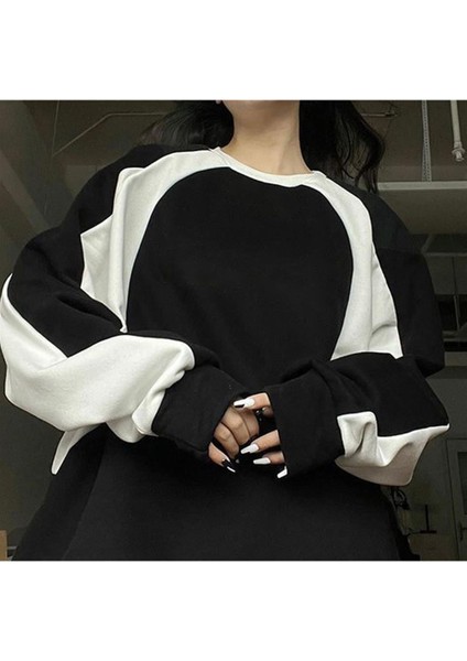 Y2K Streetwear Line Detail Unisex Oversize Bisiklet Yaka Siyah Sweatshirt