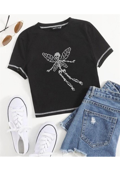 Pixelated Winged Skeleton Baskılı Ters Dikiş Siyah Crop fiyatları