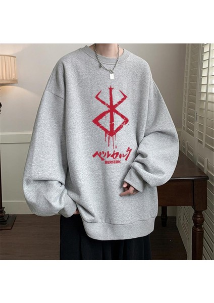 Berserk Logo Baskılı Gri Unisex Oversize Bisiklet Yaka Sweatshirt