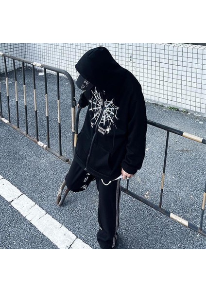 Heart Spider Web Baskılı Oversize Fermuarlı Siyah Unisex Kapüşonlu Hırka