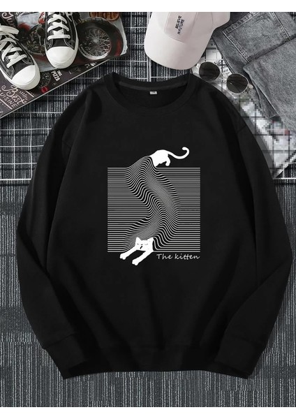 The Kitten Baskılı Gri Unisex Oversize Bisiklet Yaka Sweatshirt