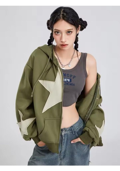 Vintage Star Zip Oversize Fermuarlı Unisex Kapüşonlu Hırka