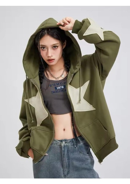 Vintage Star Zip Oversize Fermuarlı Unisex Kapüşonlu Hırka modelleri