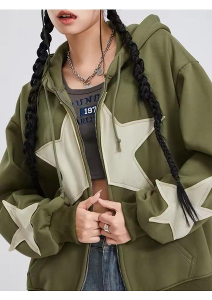Vintage Star Zip Oversize Fermuarlı Unisex Kapüşonlu Hırka fırsatları