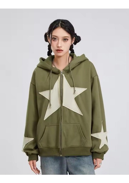 Vintage Star Zip Oversize Fermuarlı Unisex Kapüşonlu Hırka indirimleri
