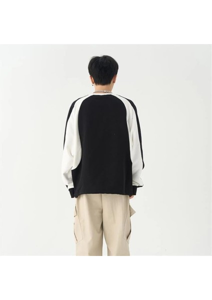 Y2K Streetwear Line Detail Unisex Oversize Bisiklet Yaka Siyah Sweatshirt modelleri